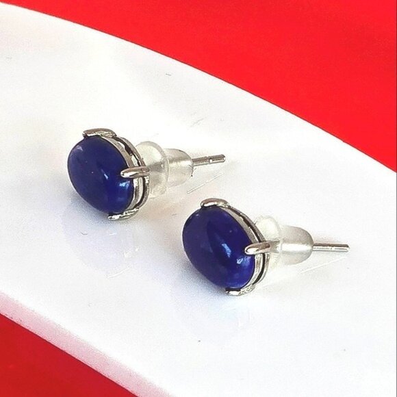 925 Sterling Silver Earrings 6x7mm with Natural Lapis Lazuli - Picture 1 of 7